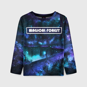 Детский лонгслив 3D с принтом MAGICAL FOREST в городе Новоалтайск, 100% полиэстер | длинные рукава, круглый вырез горловины, полуприлегающий силуэт
 | звездное небо | магический лес | неоновая пыль | неоновые линии | озеро ночью | отражение в озере | светлячки в лесу