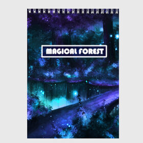 Скетчбук с принтом MAGICAL FOREST в городе Новоалтайск, 100% бумага
 | 48 листов, плотность листов — 100 г/м2, плотность картонной обложки — 250 г/м2. Листы скреплены сверху удобной пружинной спиралью | звездное небо | магический лес | неоновая пыль | неоновые линии | озеро ночью | отражение в озере | светлячки в лесу