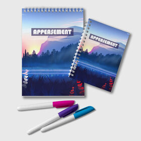 Блокнот с принтом APPEASEMENT в городе Новоалтайск, 100% бумага | 48 листов, плотность листов — 60 г/м2, плотность картонной обложки — 250 г/м2. Листы скреплены удобной пружинной спиралью. Цвет линий — светло-серый
 | Тематика изображения на принте: алый закат | вечернее небо | голубое небо | горы | деревья | закат | красный закат | неоновая надпись | поле | туман
