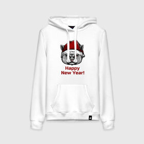 Женская толстовка с принтом Злой кот Happy New Year! в городе Новоалтайск, френч-терри, мягкий теплый начес внутри (100% хлопок) | карман-кенгуру, эластичные манжеты и нижняя кромка, капюшон с подкладом и шнурком | 