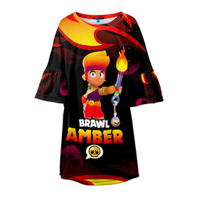 Детское платье 3D с принтом BRAWL STARS AMBER. в городе Новоалтайск, 100% полиэстер | прямой силуэт, чуть расширенный к низу. Круглая горловина, на рукавах — воланы | Тематика изображения на принте: 8 bit | amber | brawl stars | colette | crow | gale | leon | max | mecha | mecha crow | mr.p | sally leon | shark | tara | virus 8 bit | werewolf leon | акула | амбер | берли | бравл старс | ворон | коллет | макс | оборотень