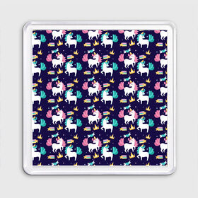 Магнит 55*55 с принтом Unicorn pattern в городе Новоалтайск, Пластик | Размер: 65*65 мм; Размер печати: 55*55 мм | cloud | heart | hoofs | horn | mane | pattern | star | tail | unicorn | грива | единорог | звезда | копыта | облако | рог | сердце | узор | хвост