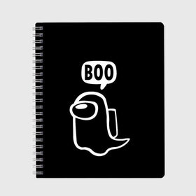 Тетрадь с принтом BOO (Among Us) в городе Новоалтайск, 100% бумага | 48 листов, плотность листов — 60 г/м2, плотность картонной обложки — 250 г/м2. Листы скреплены сбоку удобной пружинной спиралью. Уголки страниц и обложки скругленные. Цвет линий — светло-серый
 | Тематика изображения на принте: among | among us | boo | crewmate | game | ghost | impistor | space | us | vote | бу | буу | выживший | игра | космос | невиновный | предатель | приведение | призрак | самозванец