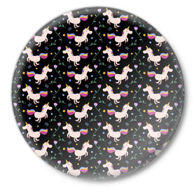 Значок Unicorns pattern: в городе Новоалтайск, металл | круглая форма, металлическая застежка в виде булавки | flower | hoofs | horn | leaf | mane | pattern | star | unicorn | грива | единорог | звезда | копыта | лист | рог | узор | цветок