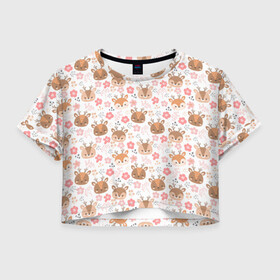 Женская футболка Crop-top 3D с принтом Оленята и цветы в городе Новоалтайск, 100% полиэстер | круглая горловина, длина футболки до линии талии, рукава с отворотами | deer | flowers | triangle | веточка | олени | рога | треугольник | цветы