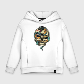 Детское худи Oversize хлопок с принтом SnakeSkull в городе Новоалтайск, френч-терри — 70% хлопок, 30% полиэстер. Мягкий теплый начес внутри —100% хлопок | боковые карманы, эластичные манжеты и нижняя кромка, капюшон на магнитной кнопке | fangs | jaw | orbits | skull | snake | sting | teeth | глазницы | жало | змея | зубы | клыки | пасть | череп