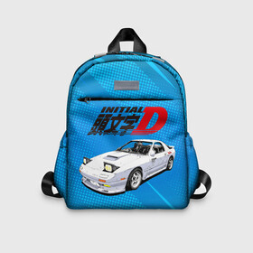 Детский рюкзак 3D с принтом Initial D машина на голубом фоне в городе Новоалтайск, 100% полиэстер | лямки с регулируемой длиной, сверху петелька, чтобы рюкзак можно было повесить на вешалку. Основное отделение закрывается на молнию, как и внешний карман. Внутри дополнительный карман. По бокам два дополнительных кармашка | initial d | аниме | гонки | инициал ди | король дрифта | уличные гонки | фильм
