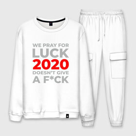 Мужской костюм хлопок с принтом 2020 Pray For Luck в городе Новоалтайск, 100% хлопок | на свитшоте круглая горловина, мягкая резинка по низу. Брюки заужены к низу, на них два вида карманов: два “обычных” по бокам и два объемных, с клапанами, расположенные ниже линии бедра. Брюки с мягкой трикотажной резинкой на поясе и по низу штанин. В поясе для дополнительного комфорта — широкие завязки | 2020 | 2021 | coronavirus | covid | covid 19 | covid19 | new year | вирус | год | грипп | дед мороз | заражение | зима | карантин | клаус | корона | коронавирус | маска | новый год | пандемия | праздник | самоизоляция | санта