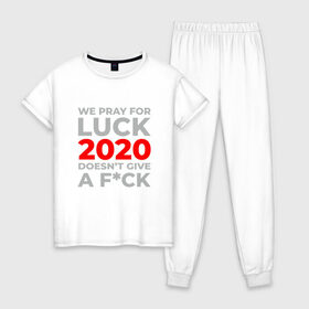 Женская пижама хлопок с принтом 2020 Pray For Luck в городе Новоалтайск, 100% хлопок | брюки и футболка прямого кроя, без карманов, на брюках мягкая резинка на поясе и по низу штанин | 2020 | 2021 | coronavirus | covid | covid 19 | covid19 | new year | вирус | год | грипп | дед мороз | заражение | зима | карантин | клаус | корона | коронавирус | маска | новый год | пандемия | праздник | самоизоляция | санта