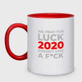 Кружка двухцветная с принтом 2020 Pray For Luck в городе Новоалтайск, керамика | объем — 330 мл, диаметр — 80 мм. Цветная ручка и кайма сверху, в некоторых цветах — вся внутренняя часть | 2020 | 2021 | coronavirus | covid | covid 19 | covid19 | new year | вирус | год | грипп | дед мороз | заражение | зима | карантин | клаус | корона | коронавирус | маска | новый год | пандемия | праздник | самоизоляция | санта