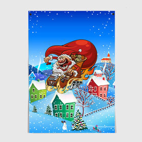 Постер с принтом Сумасшедший Санта в городе Новоалтайск, 100% бумага
 | бумага, плотность 150 мг. Матовая, но за счет высокого коэффициента гладкости имеет небольшой блеск и дает на свету блики, но в отличии от глянцевой бумаги не покрыта лаком | 