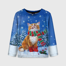 Детский лонгслив 3D с принтом Cat New Year в городе Новоалтайск, 100% полиэстер | длинные рукава, круглый вырез горловины, полуприлегающий силуэт
 | 2021 | santa | белка | гирлянда | год быка | дед мороз | елка | енот | зверь | кот | котейка | котик | кошак | лиса | мальчик | маска | неон | новогодняя | новый год | олень | пингвин | праздник | радуга | ребенку