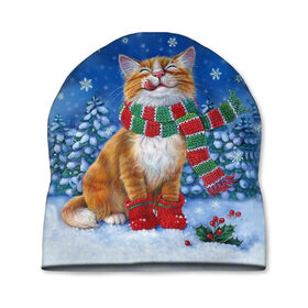 Шапка 3D с принтом Cat New Year в городе Новоалтайск, 100% полиэстер | универсальный размер, печать по всей поверхности изделия | 2021 | santa | белка | гирлянда | год быка | дед мороз | елка | енот | зверь | кот | котейка | котик | кошак | лиса | мальчик | маска | неон | новогодняя | новый год | олень | пингвин | праздник | радуга | ребенку