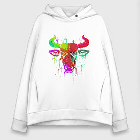 Женское худи Oversize хлопок с принтом Color Bull в городе Новоалтайск, френч-терри — 70% хлопок, 30% полиэстер. Мягкий теплый начес внутри —100% хлопок | боковые карманы, эластичные манжеты и нижняя кромка, капюшон на магнитной кнопке | 2020 | 2021 | bull | bulls | claus | cow | ox | santa | буйвол | бычок | год быка | дед мороз | деревня | животные | зима | корова | коррида | матадор | новый год | праздник | рог | рога | рогатый | санта клаус | символ | скот