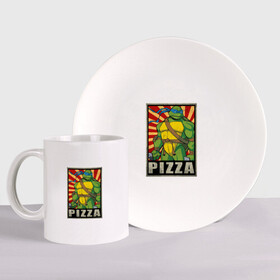 Набор: тарелка + кружка с принтом Pizza Turtles в городе Новоалтайск, керамика | Кружка: объем — 330 мл, диаметр — 80 мм. Принт наносится на бока кружки, можно сделать два разных изображения. 
Тарелка: диаметр - 210 мм, диаметр для нанесения принта - 120 мм. | donatello | leonardo | michelangelo | ninja | raphael | turtles | воин | донателло | животные | карате | комикс | комиксы | крэнг | леонардо | микеланджело | мультфильм | мутант | мутанты | ниндзя | пицца | рафаэль | сплинтер