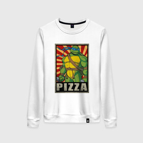 Женский свитшот хлопок с принтом Pizza Turtles в городе Новоалтайск, 100% хлопок | прямой крой, круглый вырез, на манжетах и по низу широкая трикотажная резинка  | donatello | leonardo | michelangelo | ninja | raphael | turtles | воин | донателло | животные | карате | комикс | комиксы | крэнг | леонардо | микеланджело | мультфильм | мутант | мутанты | ниндзя | пицца | рафаэль | сплинтер