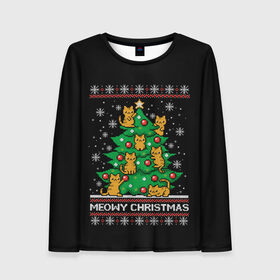 Женский лонгслив 3D с принтом Meowy christmas в городе Новоалтайск, 100% полиэстер | длинные рукава, круглый вырез горловины, полуприлегающий силуэт | meowy christmas | вязанная | ёлка | ель | игрушки | кот | котики | котята | кошки | мультик | новый год | прикольные футболки | свитер | черная футболка | шарики