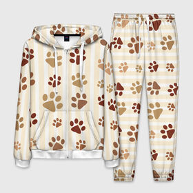 Мужской костюм 3D с принтом Лапки в городе Новоалтайск, 100% полиэстер | Манжеты и пояс оформлены тканевой резинкой, двухслойный капюшон со шнурком для регулировки, карманы спереди | кот | кошка | кошки | лапки | следы | собака | собаки