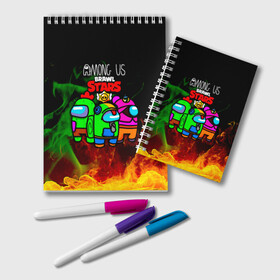 Блокнот с принтом Among Us Brawl StarS в городе Новоалтайск, 100% бумага | 48 листов, плотность листов — 60 г/м2, плотность картонной обложки — 250 г/м2. Листы скреплены удобной пружинной спиралью. Цвет линий — светло-серый
 | among us | impostor | sus | амонг ас | амонг ус | амонгас | амонгус | астронавт | белый | бравл стар | бравлстар | зеленый | игра | космонавт | космос | оранжевый | предатель | призрак | самозванец | среди нас
