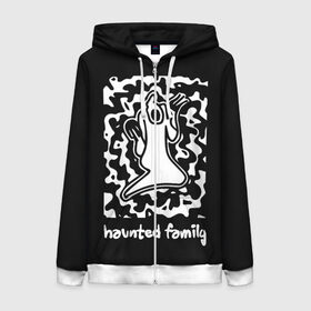 Женская толстовка 3D на молнии с принтом Haunted Family / Kizaru в городе Новоалтайск, 100% полиэстер | длина до линии бедра, манжеты и пояс оформлены мягкой тканевой резинкой, двухслойный капюшон со шнурком для регулировки, спереди молния, по бокам два кармана | born to trap | ghost | haunted family | кизару | хорошая работа олег