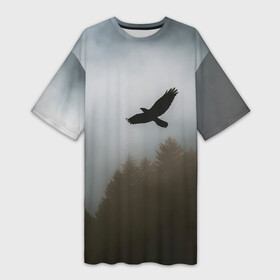 Платье-футболка 3D с принтом Орёл над лесом в городе Новоалтайск,  |  | bird | dark | fog | forest | heaven | jh k | ktc | sky | texture | деревья | животные | лес | небо | орел | природа | птица | птицы | текстуры | тёмный лес | туман