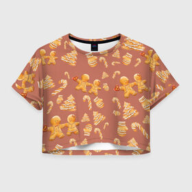 Женская футболка Crop-top 3D с принтом Имбирные пряники в городе Новоалтайск, 100% полиэстер | круглая горловина, длина футболки до линии талии, рукава с отворотами | 