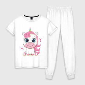 Женская пижама хлопок с принтом Unicorn Kid в городе Новоалтайск, 100% хлопок | брюки и футболка прямого кроя, без карманов, на брюках мягкая резинка на поясе и по низу штанин | brawl | fantasy | kid | kids | stars | uni | unicorn | детские | детство | единорог | игры | кентавр | лошадь | малыш | малышка | мила | мило | милота | радуга | ребенок | садик | сказка | сказки