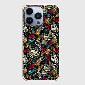 Чехол для iPhone 13 Pro с принтом Hardcore tattoo в городе Новоалтайск,  |  | colorful | skull | snake | tattoo | vintage | винтаж | змеи | игральные | кости | скелет | тату | цветной | цветы | черепа