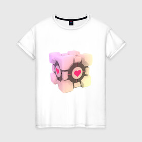 Женская футболка хлопок с принтом Companion Cube в городе Новоалтайск, 100% хлопок | прямой крой, круглый вырез горловины, длина до линии бедер, слегка спущенное плечо | companion cube | cube | heart | portal | portal 2 | компаньон куб | куб | сердечко | сердце