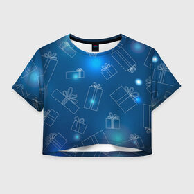 Женская футболка Crop-top 3D с принтом Подарки в городе Новоалтайск, 100% полиэстер | круглая горловина, длина футболки до линии талии, рукава с отворотами | бантики | градиент | коробочки | новогодняя | подарки