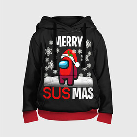 Детская толстовка 3D с принтом Merry Sus Mas в городе Новоалтайск, 100% полиэстер | двухслойный капюшон со шнурком для регулировки, мягкие манжеты на рукавах и по низу толстовки, спереди карман-кенгуру с мягким внутренним слоем | 2021 | among us | impostor | space mafia | sus.puffballs united | амонг ас | глитч | е | игра | импостор | инопланетянunicorn | инопланетяне | инопланетянин | маска | надпись | новогодний амонг ас | с новым годом | самозванец
