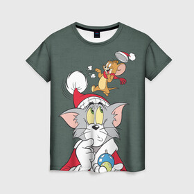 Женская футболка 3D с принтом Tom and Jerry в городе Новоалтайск, 100% полиэфир ( синтетическое хлопкоподобное полотно) | прямой крой, круглый вырез горловины, длина до линии бедер | tom and jerry | vdkimel | warner bros | санта | том и джерри