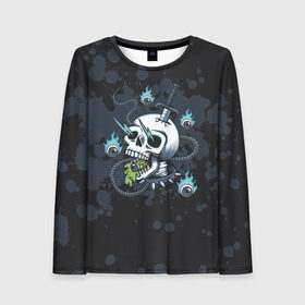 Женский лонгслив 3D с принтом Череп в шоке в городе Новоалтайск, 100% полиэстер | длинные рукава, круглый вырез горловины, полуприлегающий силуэт | skate | style | дизайнерское | для скейтеров | молния | скейт | скейтерское | скелет | стильное | ток | хипстерское | череп | черепа
