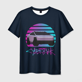 Мужская футболка 3D с принтом Cybertruck Aesthetics в городе Новоалтайск, 100% полиэфир | прямой крой, круглый вырез горловины, длина до линии бедер | Тематика изображения на принте: 80e | cybertruck | retrowave | synthwave | vhs | киберпанк | кибертрак | неон | тесла | электрокар