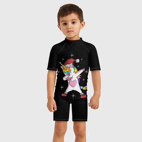 Детский купальный костюм 3D с принтом Unicorn Dab в городе Новоалтайск, Полиэстер 85%, Спандекс 15% | застежка на молнии на спине | art | christmas | dab | heart | new year | rainbow | santa hat | stars | unicorn | арт | единорог | звезды | новый год | радуга | рождество | сердце | шапка санты