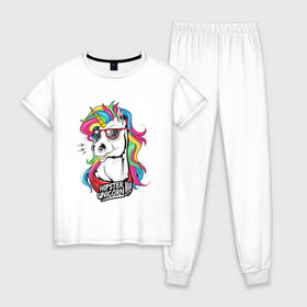 Женская пижама хлопок с принтом HIPSTER UNICORN в городе Новоалтайск, 100% хлопок | брюки и футболка прямого кроя, без карманов, на брюках мягкая резинка на поясе и по низу штанин | hipster unicorn. | hipsters | unicorn | единорог | лошадь | очки | радужный единорог | хипстер | хипстеры | я есть стиль
