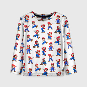 Детский лонгслив 3D с принтом Mario в городе Новоалтайск, 100% полиэстер | длинные рукава, круглый вырез горловины, полуприлегающий силуэт
 | mario | mario brothers | old game | retro game | super mario | super mario bros | super mario odyssey | водопроводчик | девочкам | детям | классика | мальчикам | марио | персонажи игр | рабочий | ретро игры | старые игры | супер ма