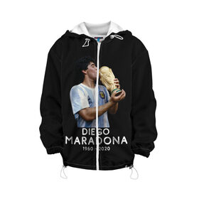 Детская куртка 3D с принтом Diego Maradona в городе Новоалтайск, 100% полиэстер | застежка — молния, подол и капюшон оформлены резинкой с фиксаторами, по бокам — два кармана без застежек, один потайной карман на груди, плотность верхнего слоя — 90 г/м2; плотность флисового подклада — 260 г/м2 | 10 | 1960 | 2020 | argentina | barcelona | diego | football | legend | leo | lionel | maradona | messi | retro | rip | soccer | аргентина | барселона | бога | диего | легенда | лионель | марадона | месси | мяч | ретро | рука | форма | футбол