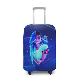 Чехол для чемодана 3D с принтом Neon Girl в городе Новоалтайск, 86% полиэфир, 14% спандекс | двустороннее нанесение принта, прорези для ручек и колес | art | neon girl | голубые волосы девушки | девушка | неон | светящая девочка | филин