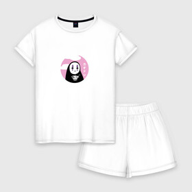 Женская пижама с шортиками хлопок с принтом Безликий с лапшой  в городе Новоалтайск, 100% хлопок | футболка прямого кроя, шорты свободные с широкой мягкой резинкой | anime | аниме | безликий | еда | иероглифы | каонаси | лапша | милый | мультик | мультфильм | персонаж | рамен | унесенные призраками