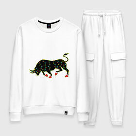 Женский костюм хлопок с принтом Bull silhouette and garland в городе Новоалтайск, 100% хлопок | на свитшоте круглая горловина, мягкая резинка по низу. Брюки заужены к низу, на них два вида карманов: два 