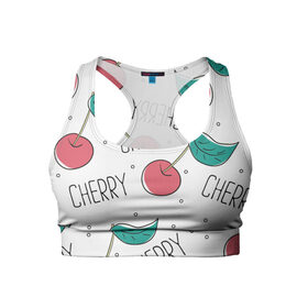 Женский спортивный топ 3D с принтом Вишенки Cherry в городе Новоалтайск, 82% полиэстер, 18% спандекс Ткань безопасна для здоровья, позволяет коже дышать, не мнется и не растягивается |  | cherry | белый | вишня | красный | лето | надпись | сад | черенок | черешня | ягода