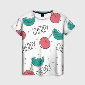 Женская футболка 3D с принтом Вишенки Cherry в городе Новоалтайск, 100% полиэфир ( синтетическое хлопкоподобное полотно) | прямой крой, круглый вырез горловины, длина до линии бедер | cherry | белый | вишня | красный | лето | надпись | сад | черенок | черешня | ягода