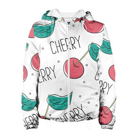 Женская куртка 3D с принтом Вишенки Cherry в городе Новоалтайск, ткань верха — 100% полиэстер, подклад — флис | прямой крой, подол и капюшон оформлены резинкой с фиксаторами, два кармана без застежек по бокам, один большой потайной карман на груди. Карман на груди застегивается на липучку | cherry | белый | вишня | красный | лето | надпись | сад | черенок | черешня | ягода