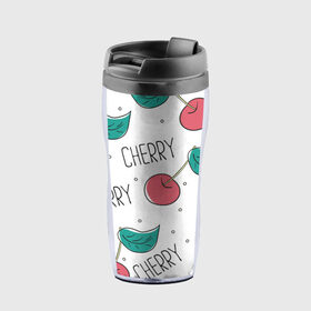 Термокружка-непроливайка с принтом Вишенки Cherry в городе Новоалтайск, внутренняя часть — пищевой пластик, наружная часть — прозрачный пластик, между ними — полиграфическая вставка с рисунком | объем — 350 мл, герметичная крышка | cherry | белый | вишня | красный | лето | надпись | сад | черенок | черешня | ягода