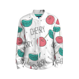 Детский бомбер 3D с принтом Вишенки Cherry в городе Новоалтайск, 100% полиэстер | застегивается на молнию, по бокам два кармана без застежек, мягкие манжеты, по низу бомбера и на воротнике — эластичная резинка | cherry | белый | вишня | красный | лето | надпись | сад | черенок | черешня | ягода