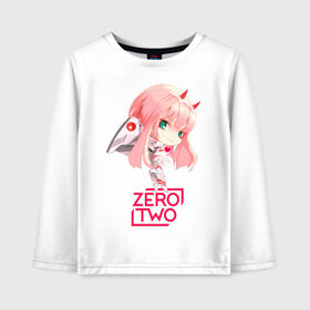 Детский лонгслив хлопок с принтом Zero-chan в городе Новоалтайск, 100% хлопок | круглый вырез горловины, полуприлегающий силуэт, длина до линии бедер | 02 | anime | chobi | darling | franxx | girl | in | kawai | kawaii | love | the | two | tyan | waifu | zero | аниме | вайфу | во | воздушный | девушка | демон | демонесса | каваи | кавай | костюм | милый | надпись | персонаж | поцелуй | рога | 