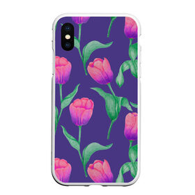 Чехол для iPhone XS Max матовый с принтом Тюльпаны на фиолетовом фоне в городе Новоалтайск, Силикон | Область печати: задняя сторона чехла, без боковых панелей | Тематика изображения на принте: зеленый | листья | любовь | паттерн | праздник | природа | растения | розовый | романтика | тюльпаны | узор | фиолетовый | цветы