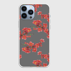 Чехол для iPhone 13 Pro Max с принтом Цветы айвы на сером фоне в городе Новоалтайск,  |  | Тематика изображения на принте: айва | весна | красный | лето | паттерн | подарок | природа | растения | романтика | серый | узор | цветы
