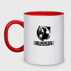 Кружка двухцветная с принтом Russia bear / Медведь Россия в городе Новоалтайск, керамика | объем — 330 мл, диаметр — 80 мм. Цветная ручка и кайма сверху, в некоторых цветах — вся внутренняя часть | Тематика изображения на принте: bear | russia | медведь | мишка | россия | рф | черный